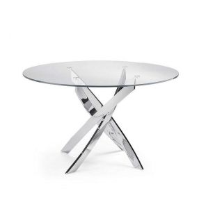 Mesa redonda fija de diseño moderno con patas cruzadas metalicas