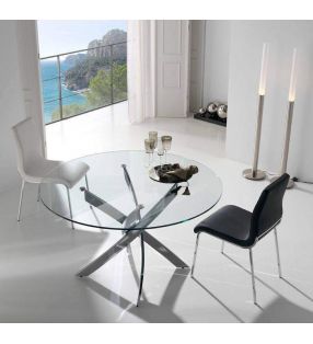 Mesa redonda fija de diseño moderno con patas cruzadas metalicas