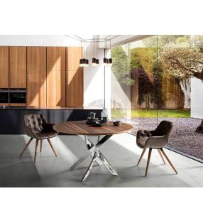 Mesa redonda fija de diseño moderno con patas cruzadas metalicas