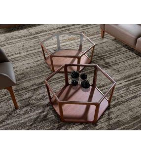 Table basse en noyer avec plateau en verre