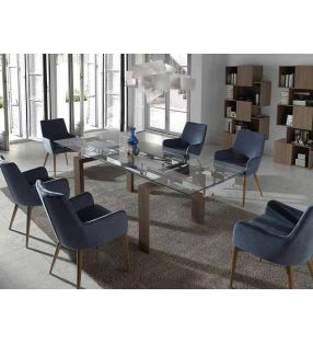 Mesa de comedor Sofi extensible con cristal transparente y madera Nogal