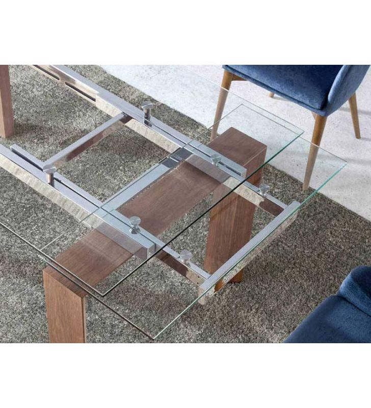Mesa de comedor Sofi extensible con cristal transparente y madera Nogal