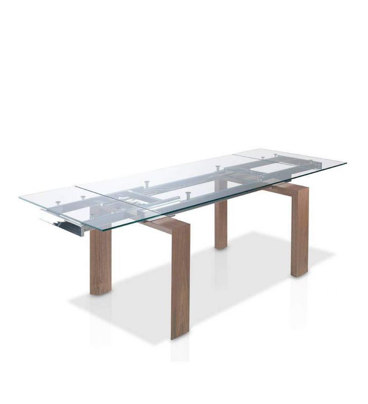 Mesa de comedor Sofi extensible con cristal transparente y madera Nogal
