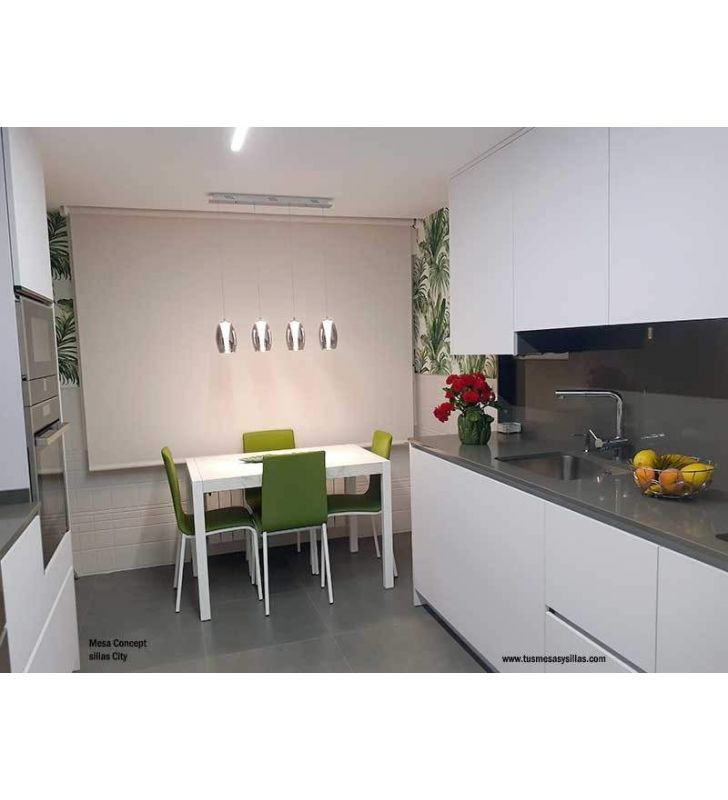 Mesa cocina moderna extensible Concept Cancio blanca, negra, porcelanico,  cristal