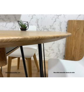 Table Beti ronde et extensible 90-100 en bois massif en stock, chêne et fer.  - 3