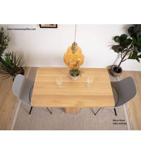 Mesa rectangular fija de comedor con pie central hexagonal de madera maciza de roble o haya  - 4