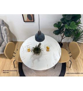 Table ronde Hexa avec plateau en marbre et pied central hexagonal  - 3