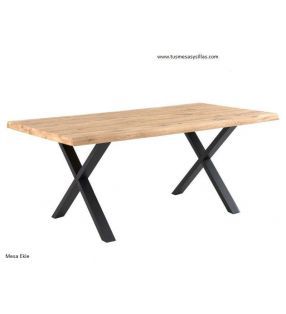 Mesa de estilo rustico con patas en X y encimera madera maciza roble Ekie  - 1