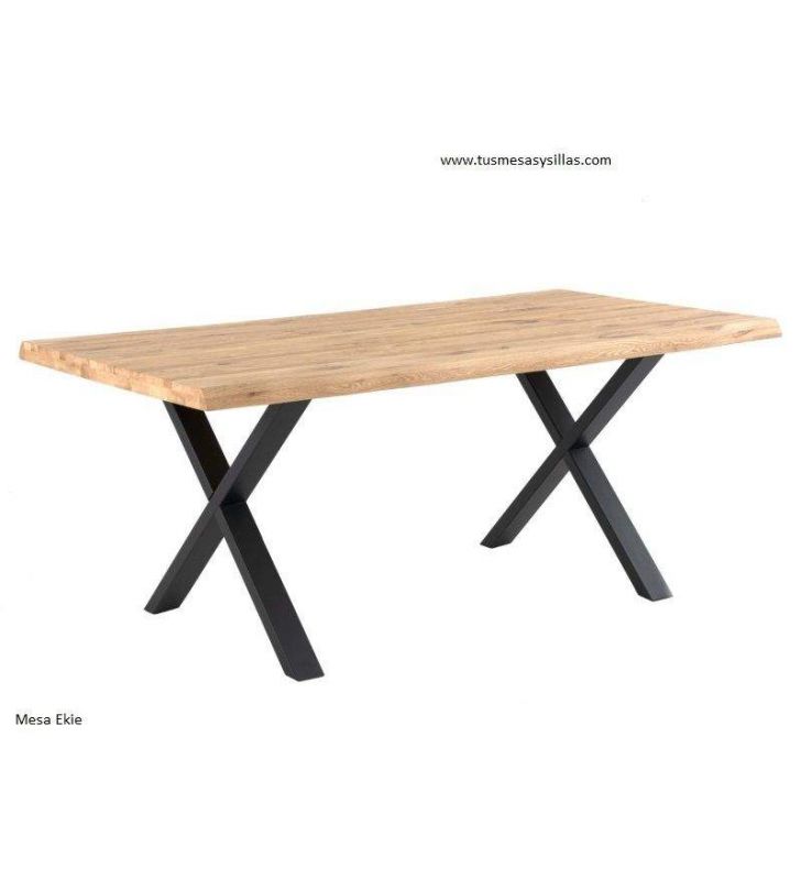 Mesa de estilo rustico con patas en X y encimera madera maciza roble Ekie  - 1