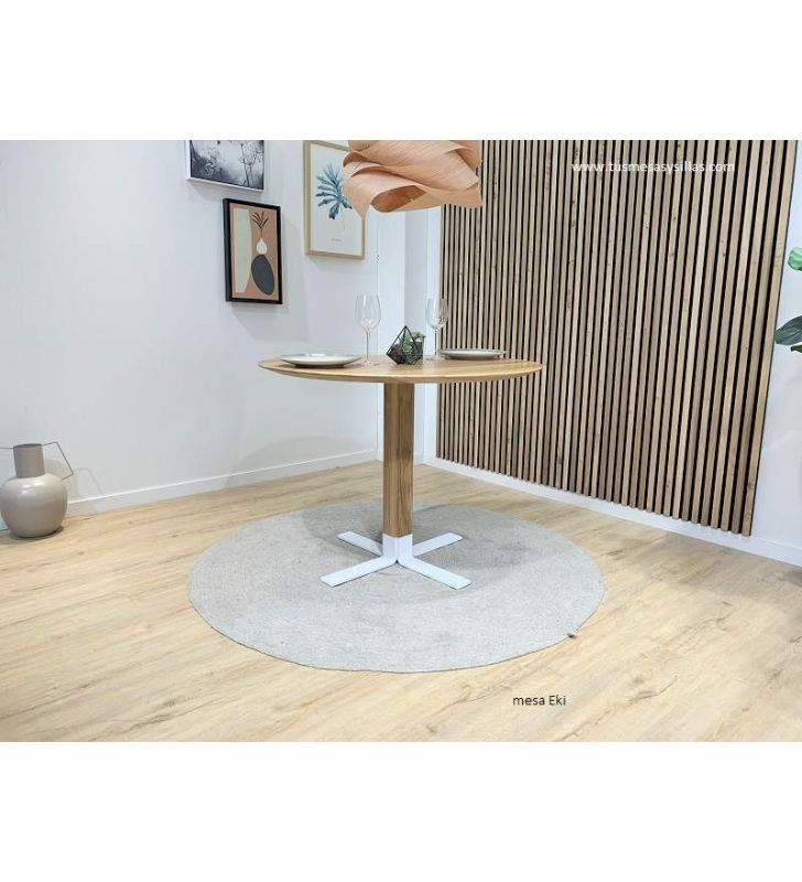 Mesa redonda pequeña Eki en stock con pie central madera de roble y blanco  - 1