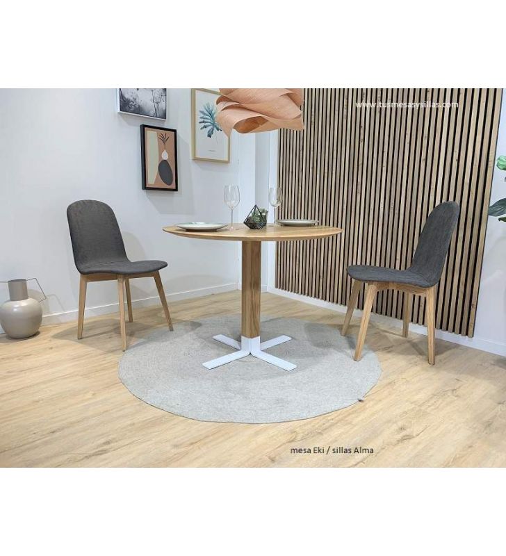 Mesa redonda pequeña Eki en stock con pie central madera de roble y blanco  - 3