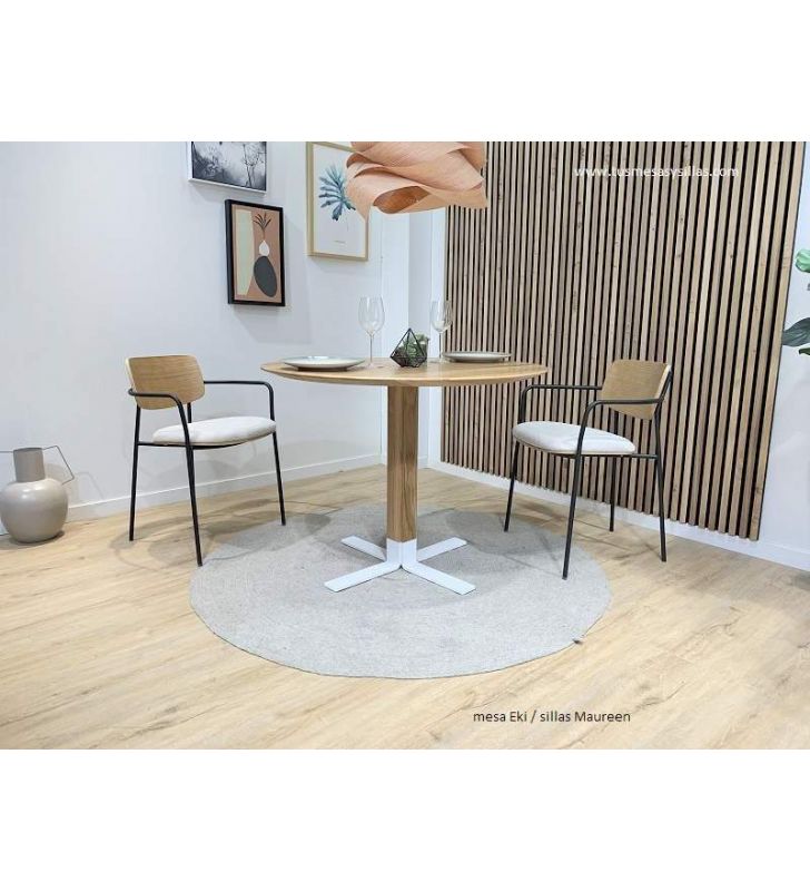 Mesa redonda pequeña Eki en stock con pie central madera de roble y blanco  - 5