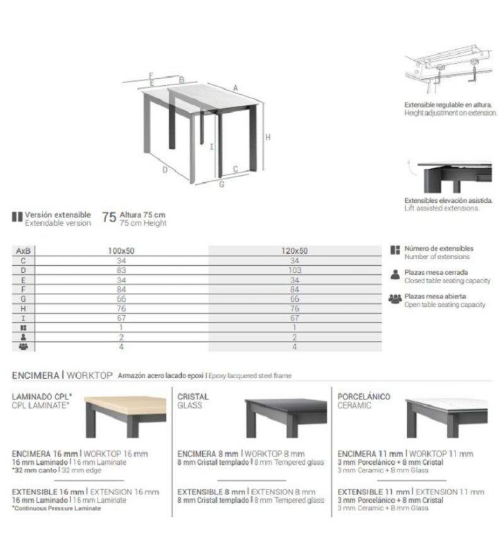 Petite table extensible Poker 100x50 cm et 120x50 pour cuisines étroites  - 9