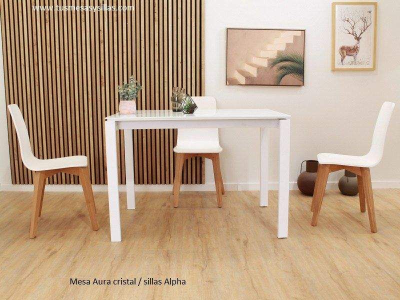 Mesa extensible blanca con encimera de cristal blanco en brillo o mate