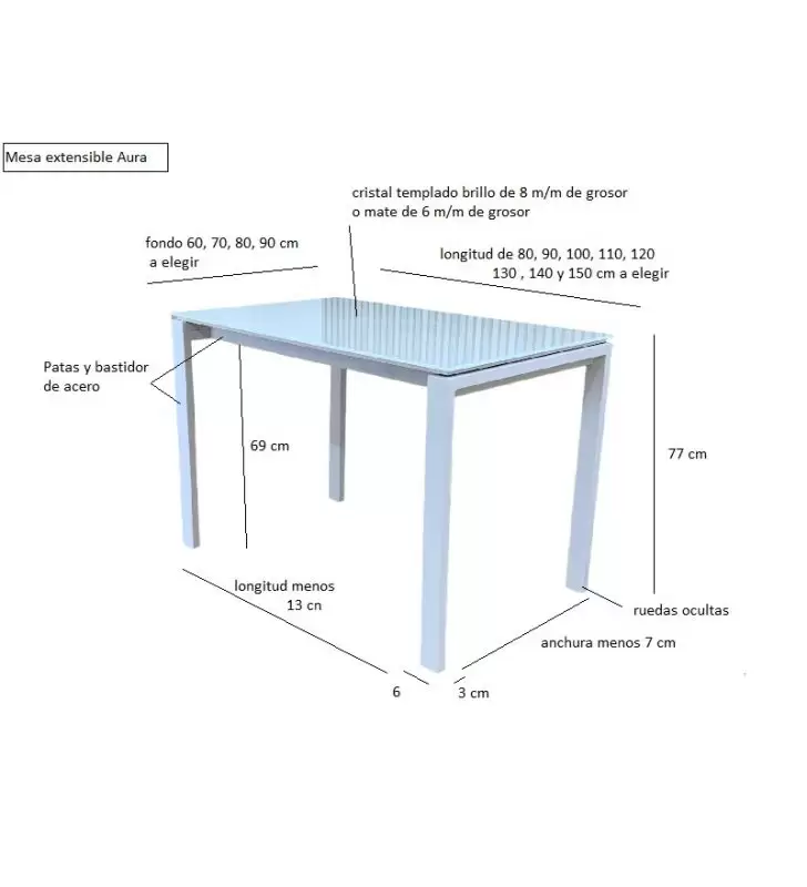 Table extensible Aura avec plateau en verre trempé et design moderne  - 15
