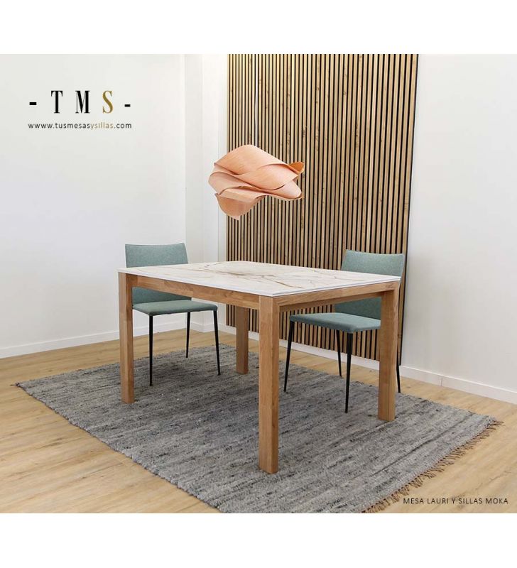 Table à manger extensible Lauri avec plateau en dekton et pieds en bois massif