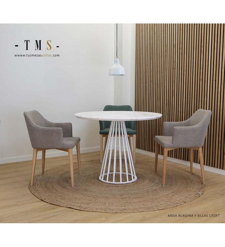 Mesa estilo industrial redonda marmoleada y pata metálica, Burdina  - 1