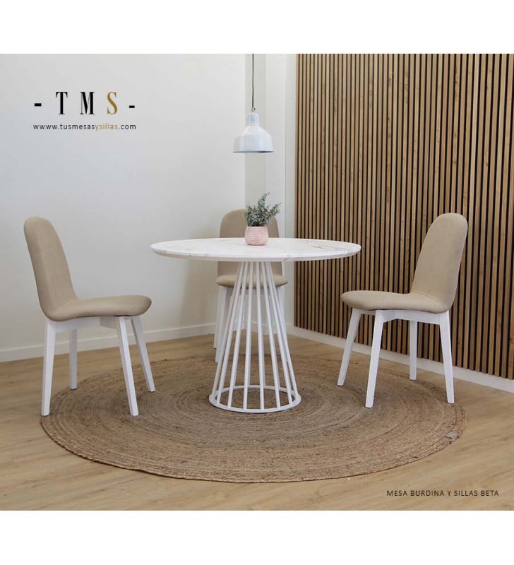 Mesa estilo industrial redonda marmoleada y pata metálica, Burdina  - 2