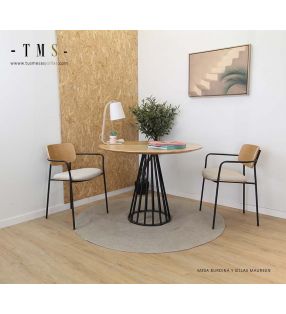 table-fixe-style-vintage-plateau-bois-et-pied-central-métal