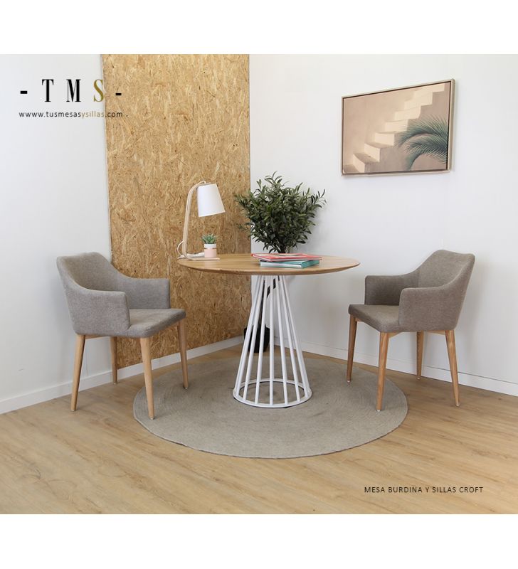 table-ronde-en-bois-solide-et-pied-central-en-metal-blanc