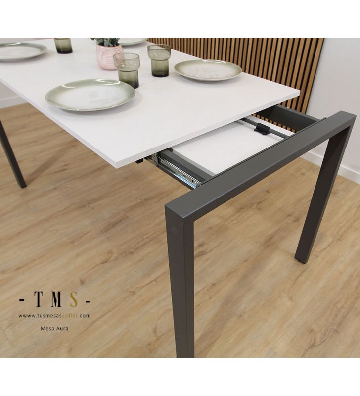 Détail-de-l'extension-de-la-table-Aura-avec-guides-en-acier