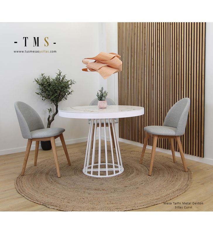 table-ronde-avec-plateau-Dekton-et-pied-central-métallique-blanc