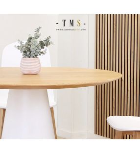 Mesa redonda Baku con pie redondo conico y encimera de madera maciza  - 5