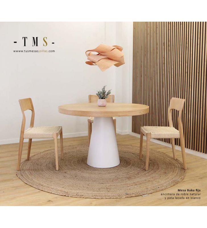 table-à-manger-fixe-avec-plateau-en-chêne-naturel-et-pied-en-bois-solide-laqué-blanc