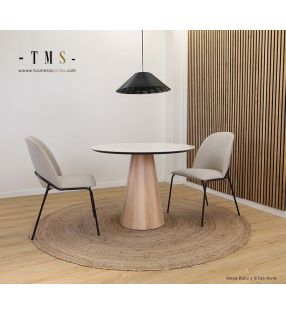 table-avec-pied-en-bois-naturel-solide-plateau-dekton-et-bord biseauté