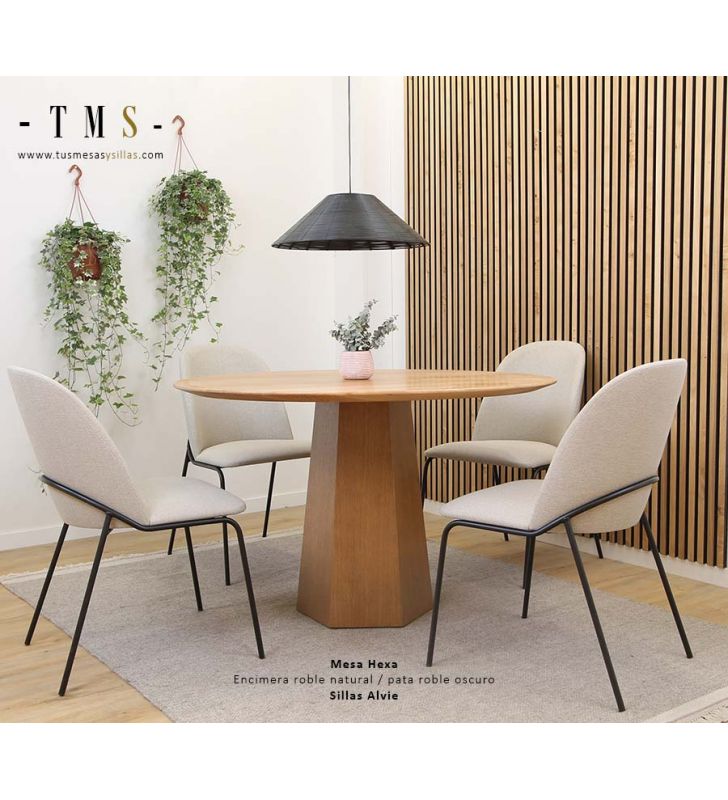 mesa-Hexa-diámetro-120cm-encimera-roble-natural-y-pata-central-en-roble-oscuro
