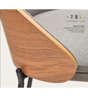 tapissé-chenille-gris-placage-frêne-naturel-pied-métallisé-noir