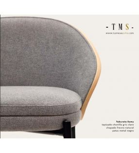 tapissé-chenille-gris-placage-frêne-naturel-pied-métallisé-noir