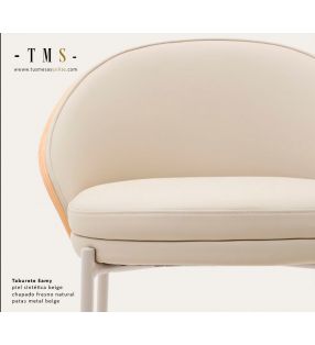 Taburete-piel-sintética-beige-chapa-de-fresno-acabado-natural-y-pata-metálica-beige