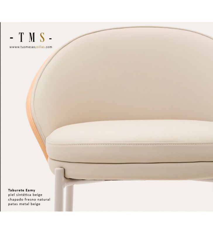 Tabouret-cuir-synthétique-beige-placage-frêne-finition-naturelle-et-pied-métal-beige