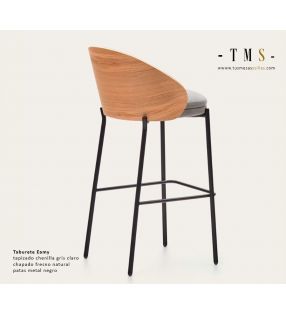 Tabouret Eamy avec dossier en bois, assise rembourrée et pieds en métal - 14