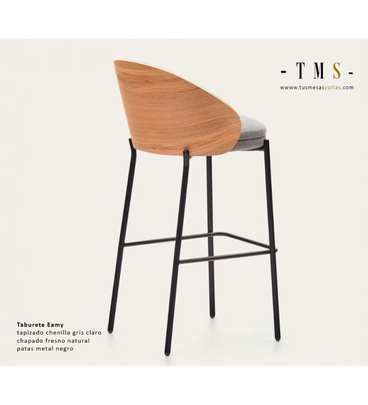 Tabouret Eamy avec dossier en bois, assise rembourrée et pieds en métal  - 14