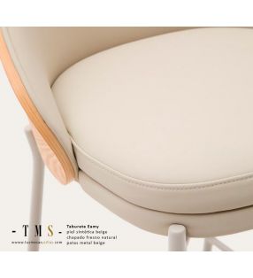 Tabouret-cuir-synthétique-beige-placage-frêne-finition-naturelle-et-pied-métal-beige
