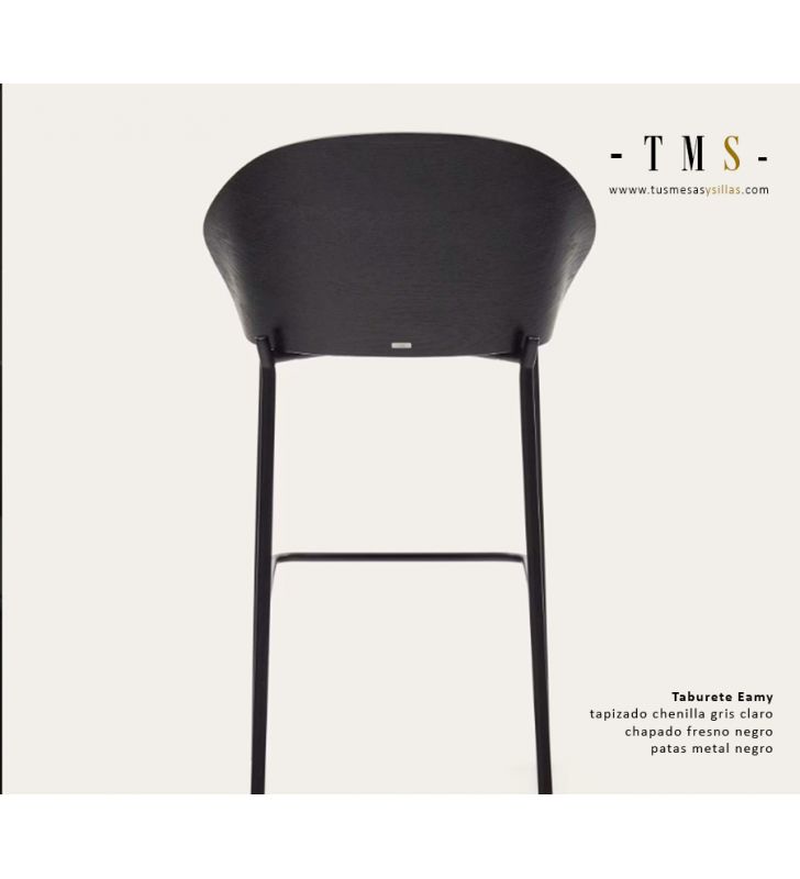 Tabouret Eamy avec dossier en bois, assise rembourrée et pieds en métal  - 16
