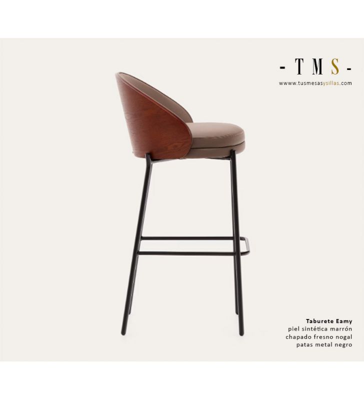 Tabouret Eamy avec dossier en bois, assise rembourrée et pieds en métal  - 25