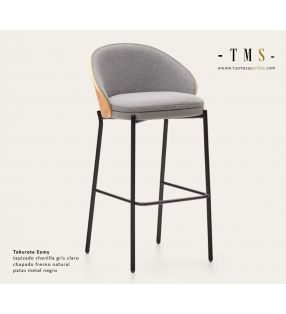 tapissé-chenille-gris-placage-frêne-naturel-pied-métallisé-noir