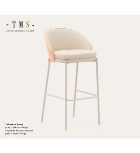 Tabouret-cuir-synthétique-beige-placage-frêne-finition-naturelle-et-pied-métal-beige