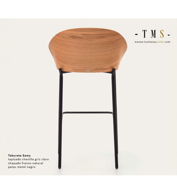 Tabouret Eamy avec dossier en bois, assise rembourrée et pieds en métal  - 27