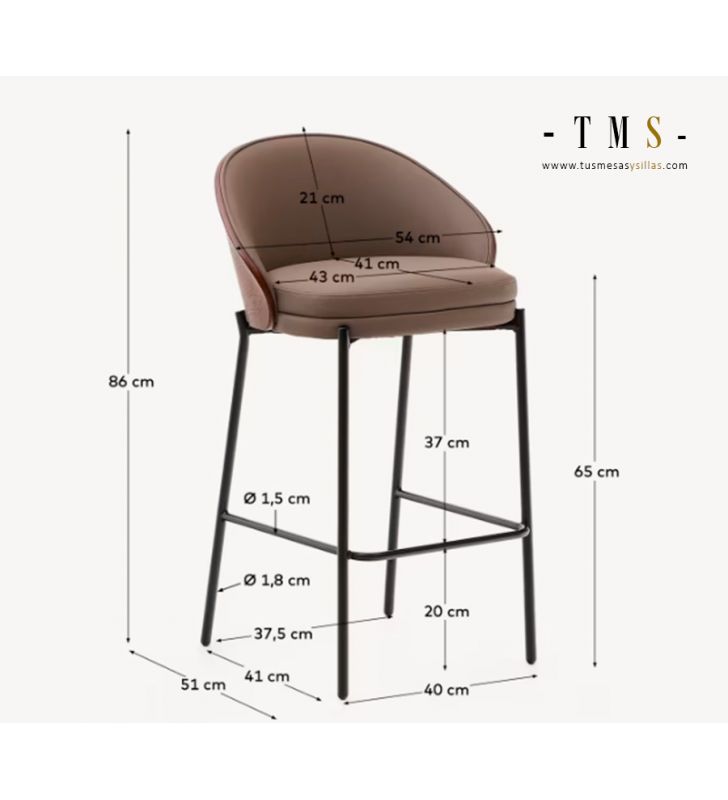 Tabouret Eamy avec dossier en bois, assise rembourrée et pieds en métal  - 27