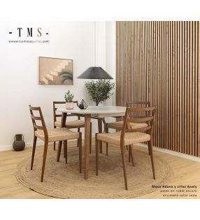 mesa-redonda-Adana-con-encimera-en-color-seda-y-patas-color-roble-oscuro