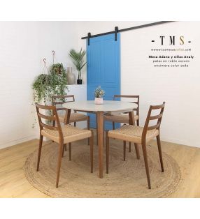 mesa-redonda-Adana-con-encimera-en-color-seda-y-patas-color-roble-oscuro