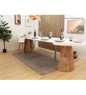 Mesa redonda extensible en STOCK Taifin en madera de roble y encimera blanca  - 11
