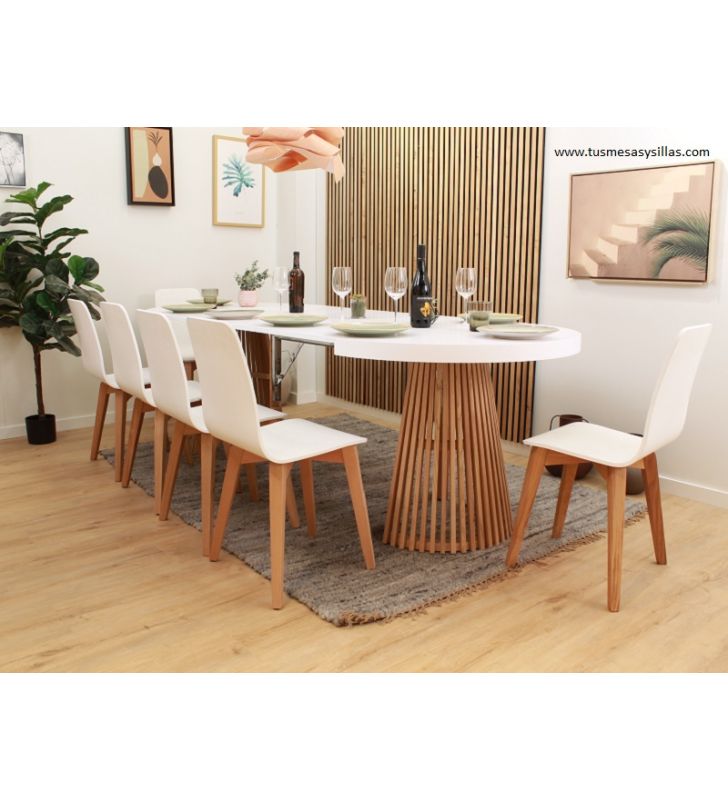 Mesa redonda extensible en STOCK Taifin en madera de roble y encimera blanca  - 10