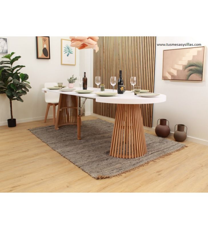 Mesa redonda extensible en STOCK Taifin en madera de roble y encimera blanca  - 9