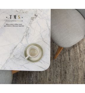 Détail de la table extensible Solei aux coins arrondis et plateau en céramique effet marbre