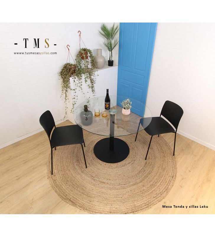 table ronde en verre avec pied central, coloris noir